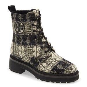 Tory Burch Women Miller Fabric Plaid T Logo Zip Lace-up Combat Boots